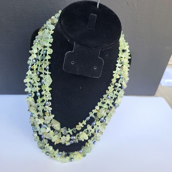 Six Strand Rutilated Green QUartz and Blue Tahitian Pearl Necklace - 20.75" - Picture 2 of 9